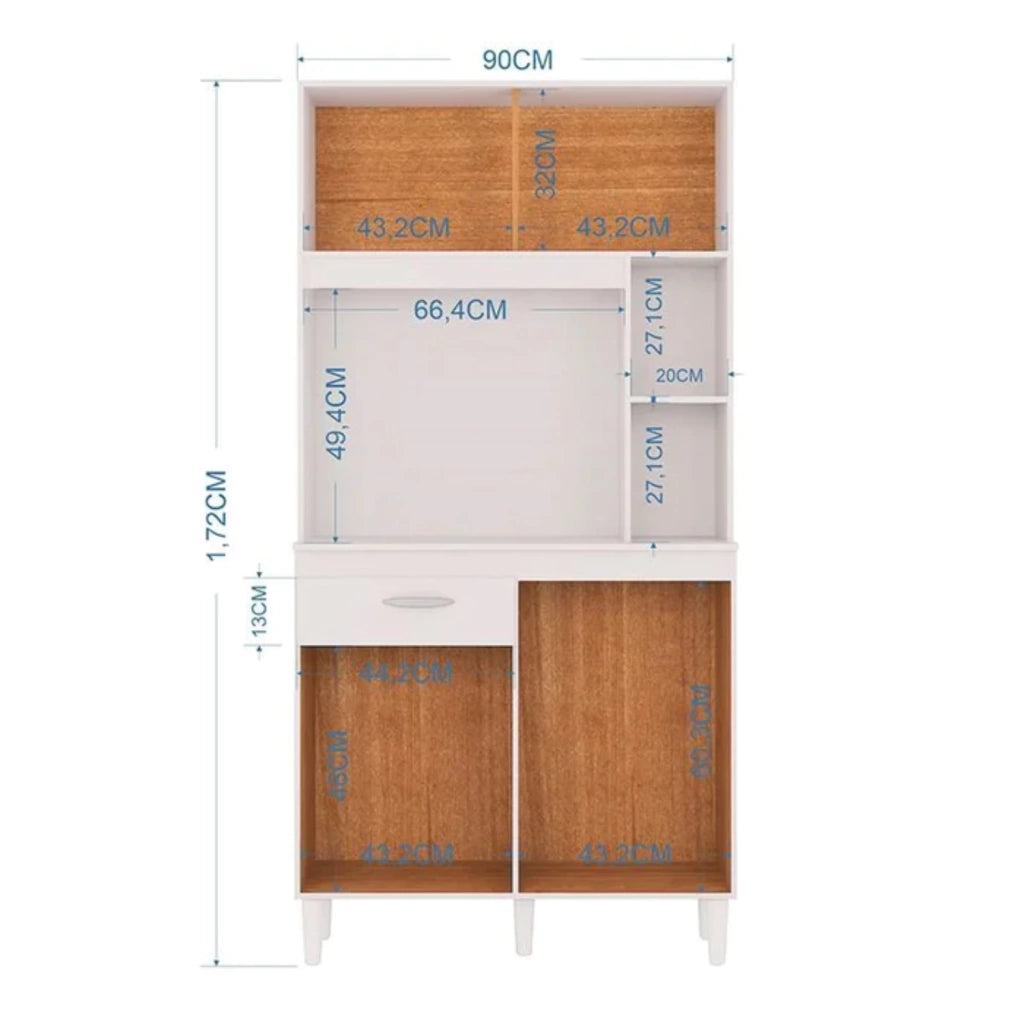 Imagem do armário de cozinha kit Duda 90 cm, com medidas detalhadas.