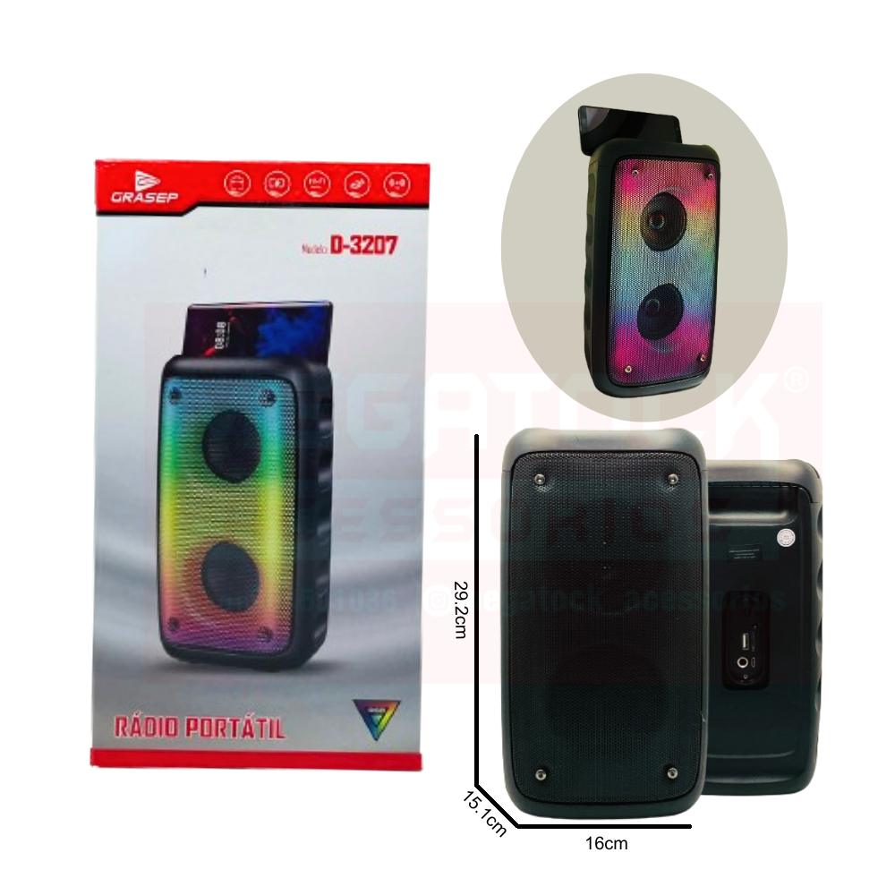 Caixa de Som Portátil Bluetooth Grasep D-3207 20W RMS