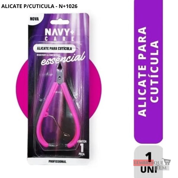 Alicate para cutícula Navy+Care rosa na embalagem