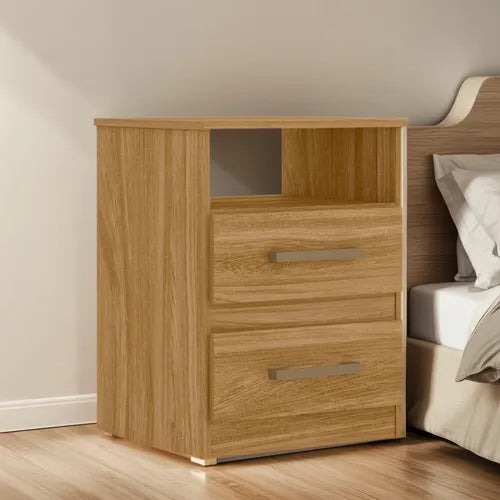 Mesa de cabeceira em madeira com 2 gavetas e acabamento em freijo