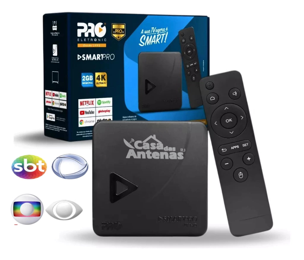 TV Box com controle remoto e embalagem